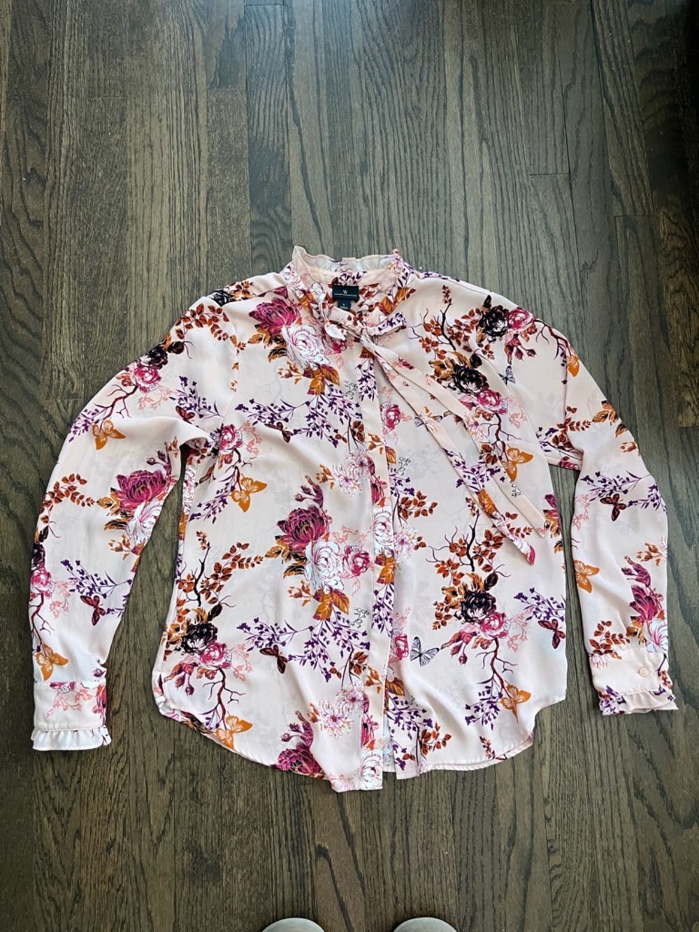 Worthington Pink Floral Tie-Neck Blouse